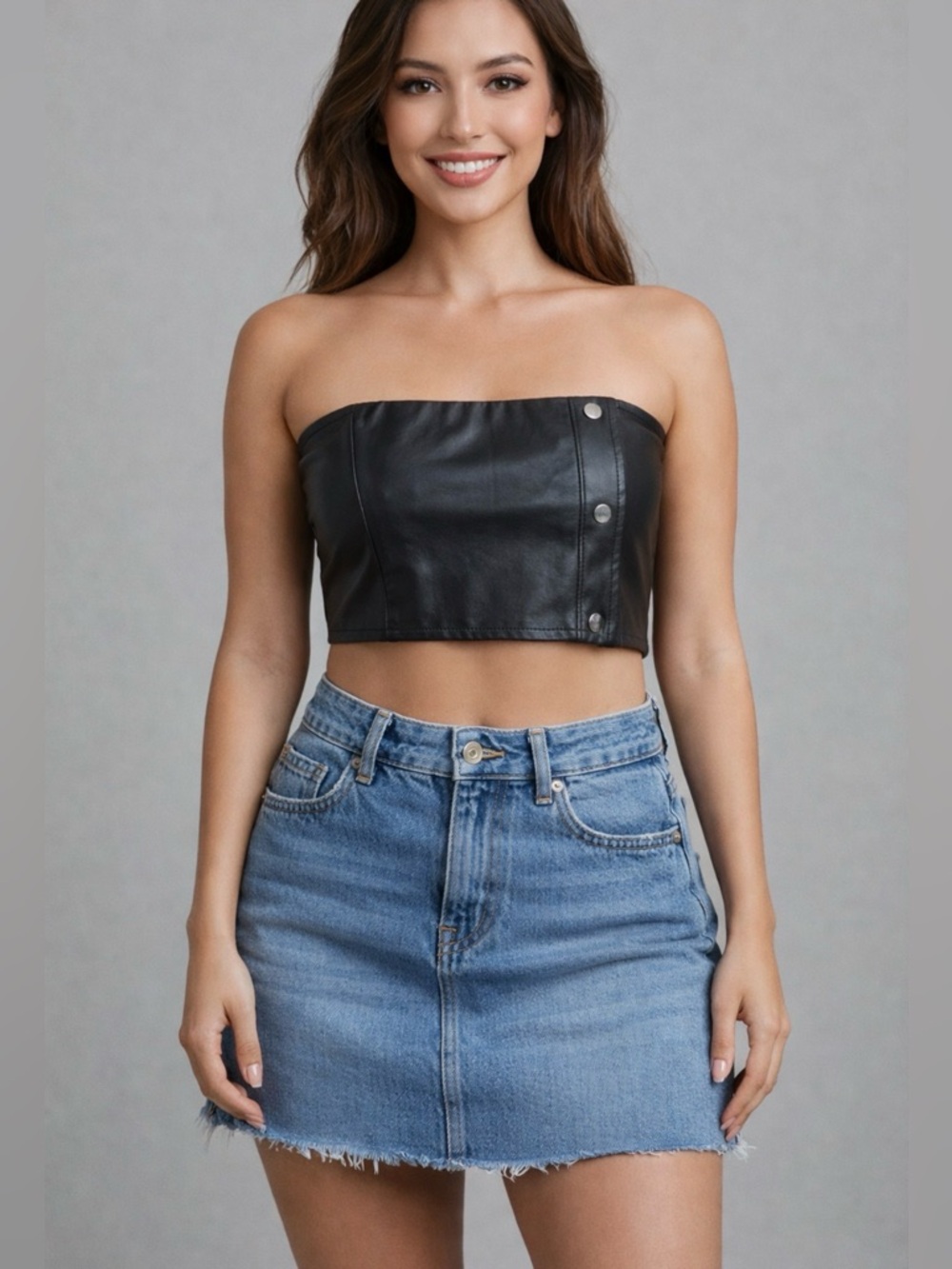 Woman’s Black Faux Leather Snap Crop Top Size Medium